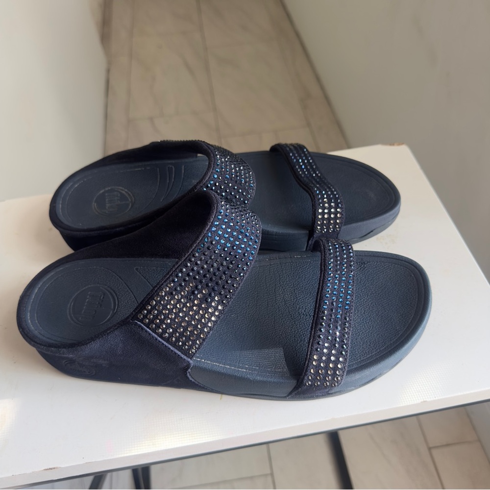 Fitflop Navy Slide Sandals with Rhinestone Accents
